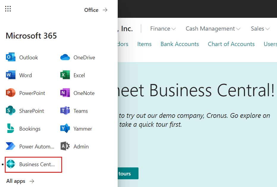 Le lanceur d'applications Microsoft 365 affichant la vignette Business Central.