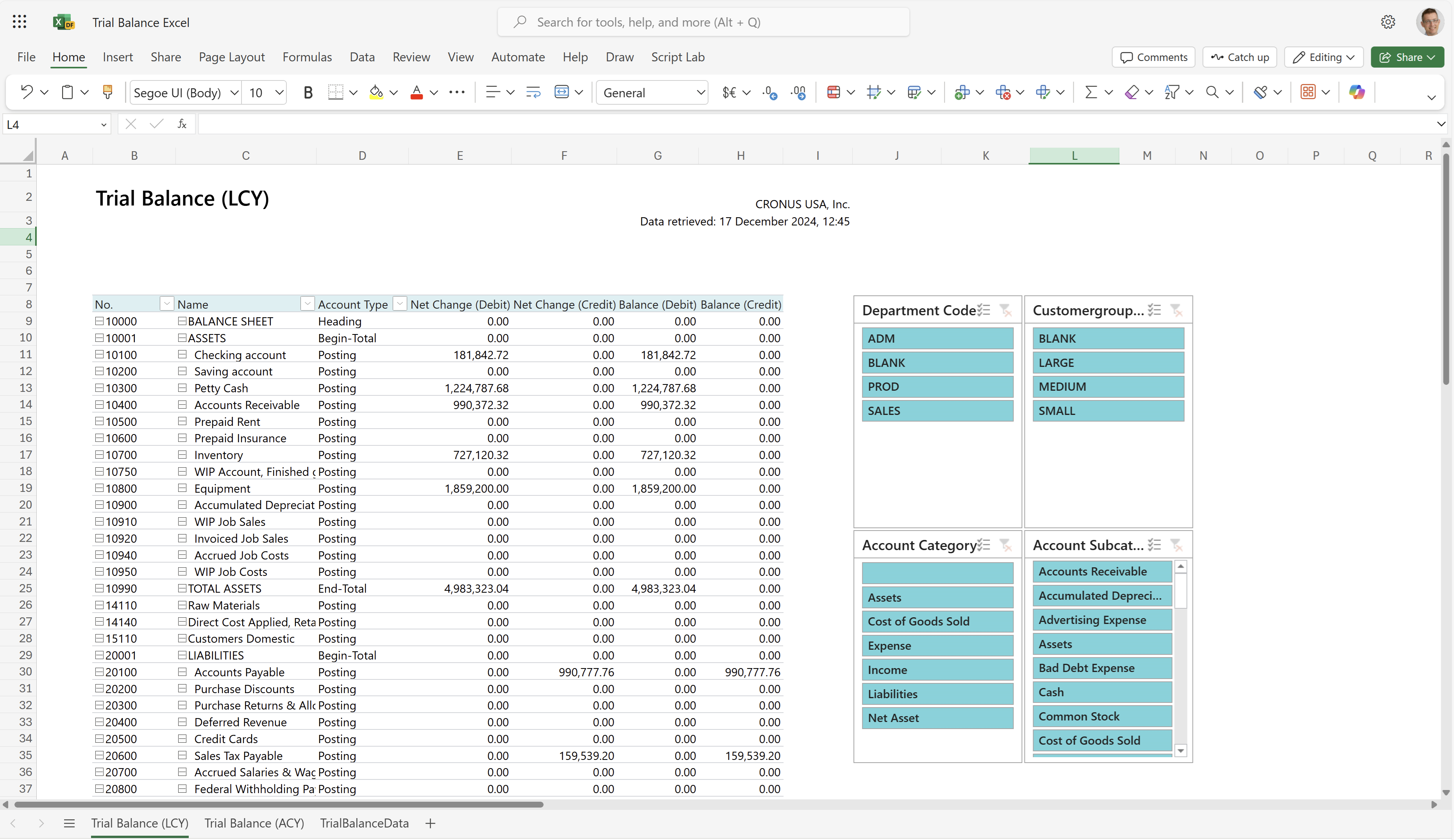 Capture d'&eacute;cran de la feuille de travail Balance de v&eacute;rification (DL)