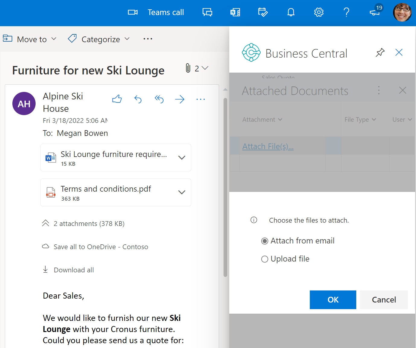 Indique comment ajouter des pi&egrave;ces jointes d'un e-mail &agrave; des enregistrements dans Business Central.