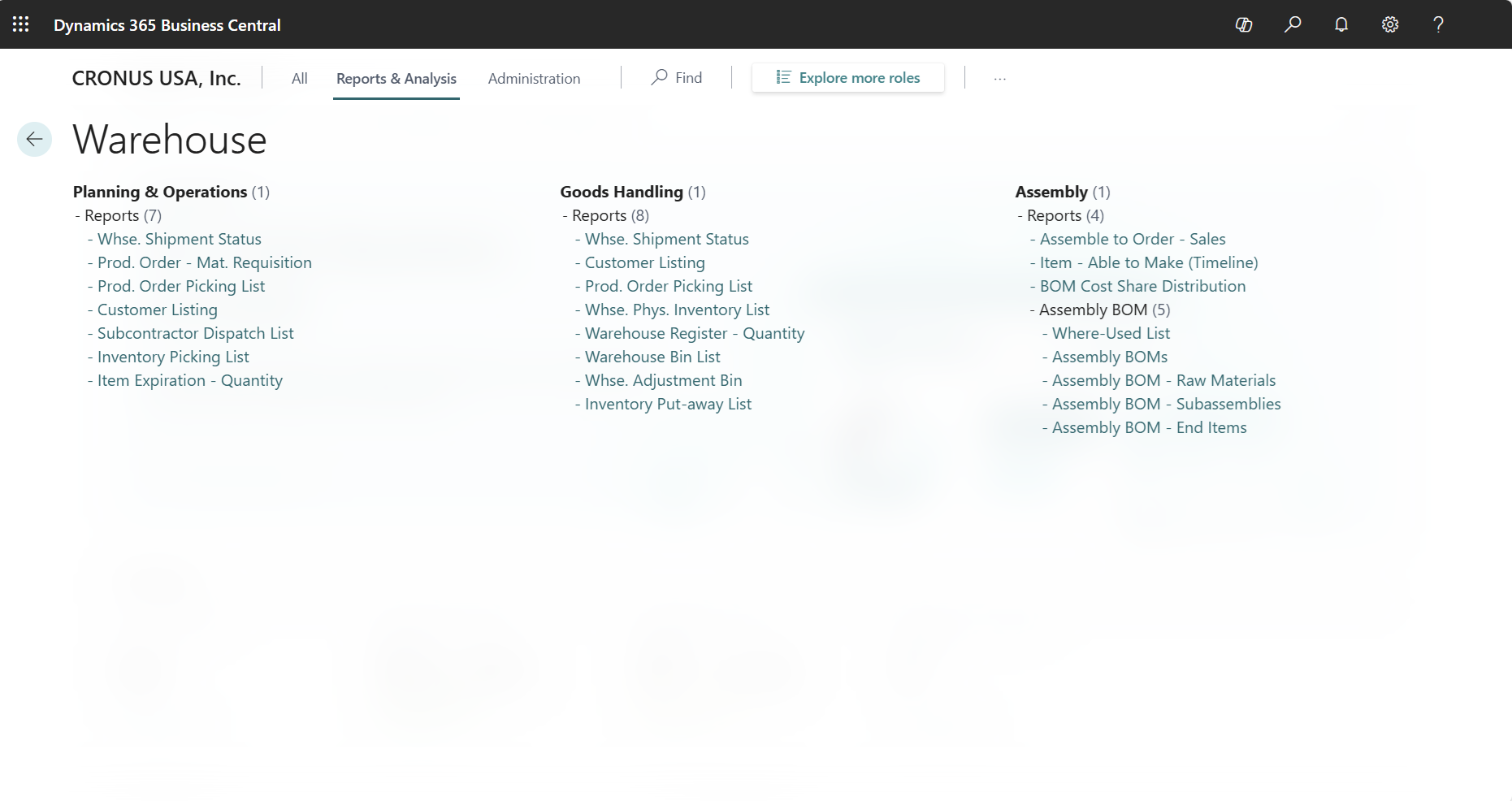 Exemple de rapports dans le tableau de bord Finance.