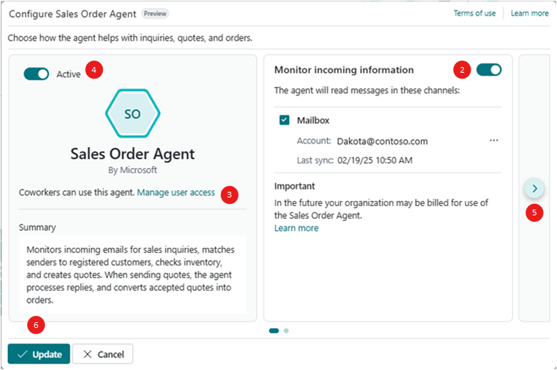 Affiche la page de configuration de Sales Order Agent