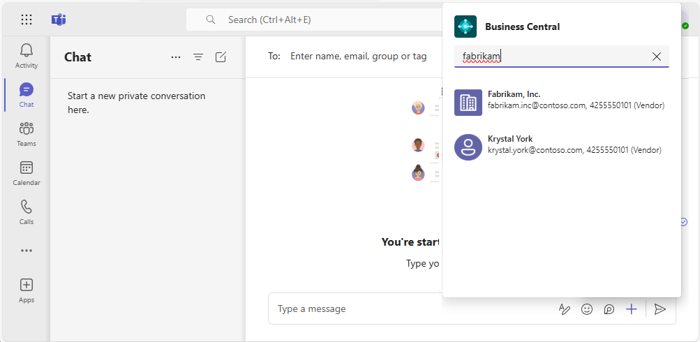Rechercher des contacts Business Central depuis la zone de messages.