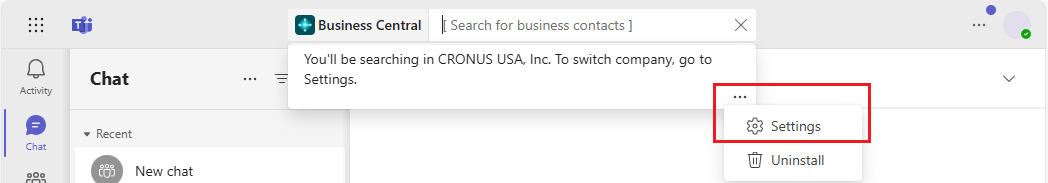 Param&egrave;tres de Business Central depuis la zone de message.