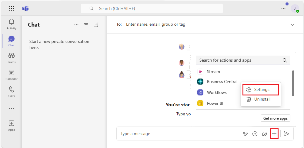 Param&egrave;tres de Business Central depuis la zone de commande.
