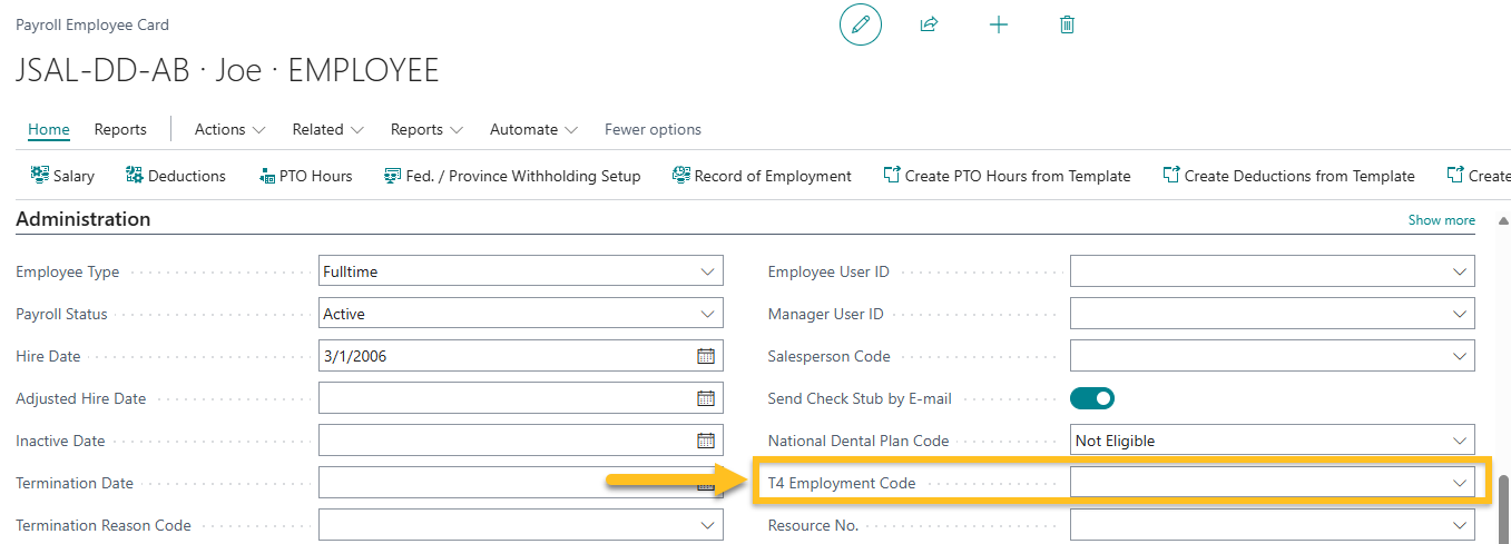Champ Code d'emploi T4 dans la page Fiche employ&eacute; de paie