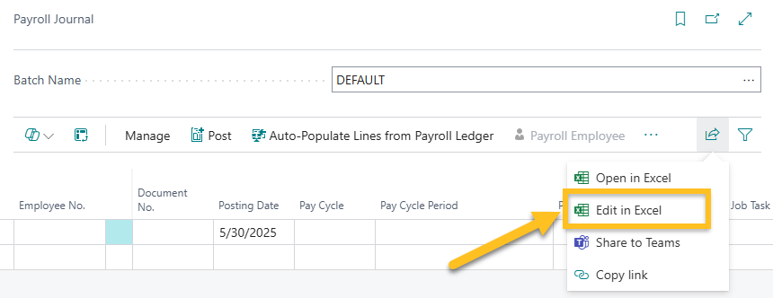 Action Modifier dans Excel dans la page Journal de paie