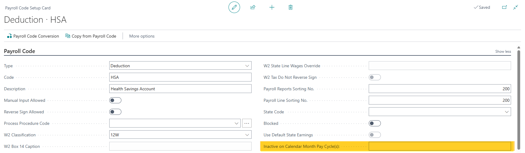 Champ Inactif sur le(s) cycle(s) de paie du mois civil dans la page Fiche de configuration des codes de paie