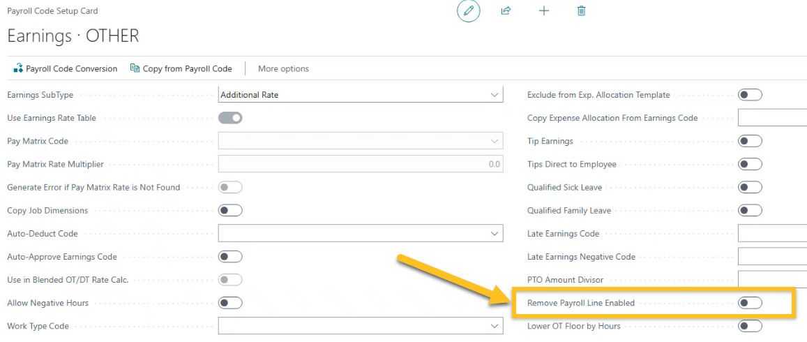 Page Fiche de configuration des codes de paie