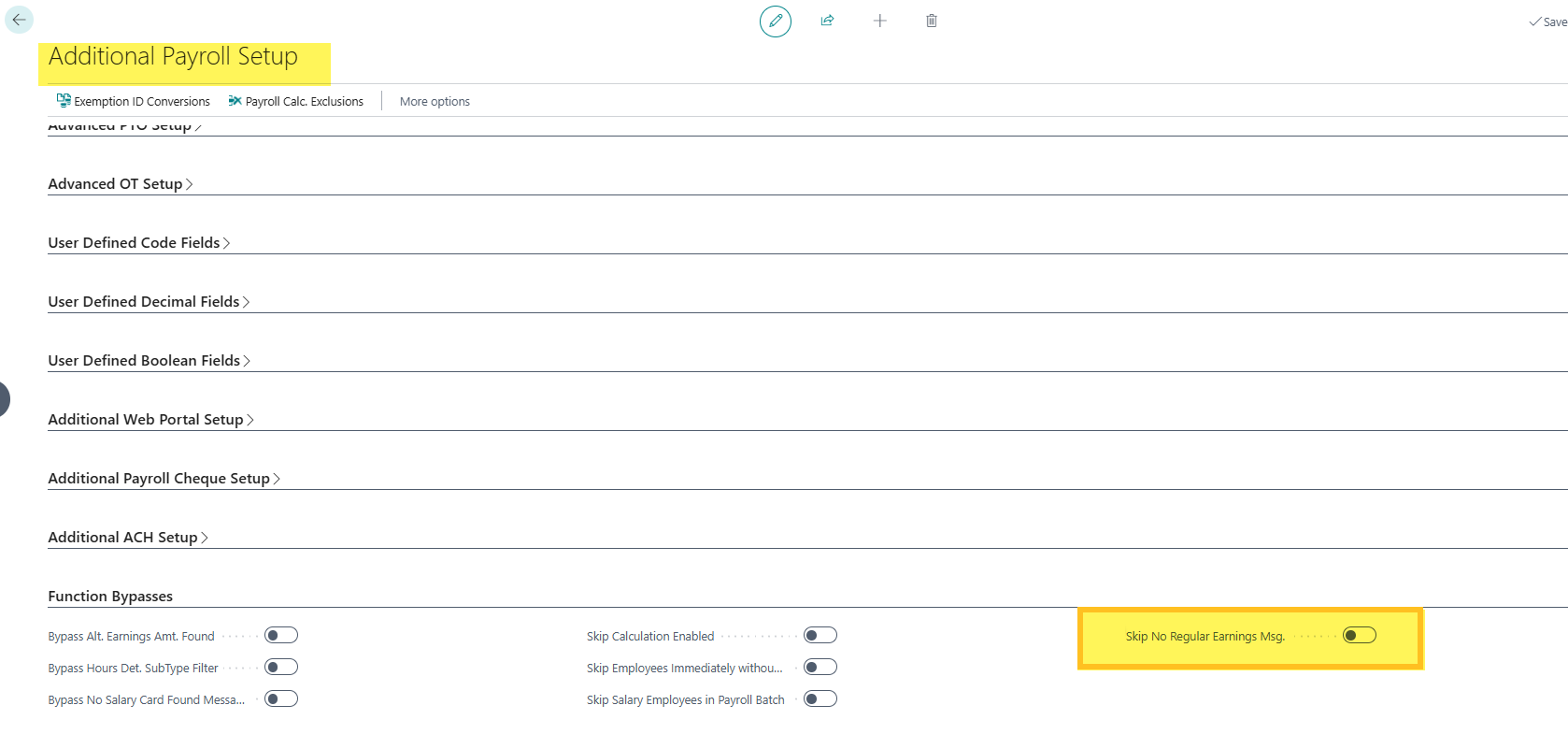 Champ Ignorer le message d'absence de gains ordinaires dans la page Configuration suppl&eacute;mentaire de la paie