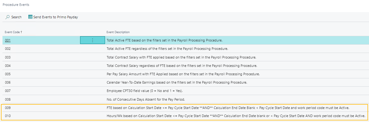 Nouveaux codes d'&eacute;v&eacute;nement de la page &Eacute;v&eacute;nements de proc&eacute;dure