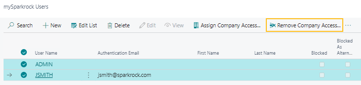 Action Supprimer l'acc&egrave;s &agrave; l'entreprise de la page Utilisateurs mySparkrock