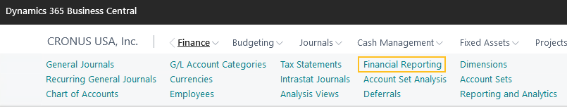 Option de menu Rapports financiers dans le centre de r&ocirc;les Gestionnaire comptable