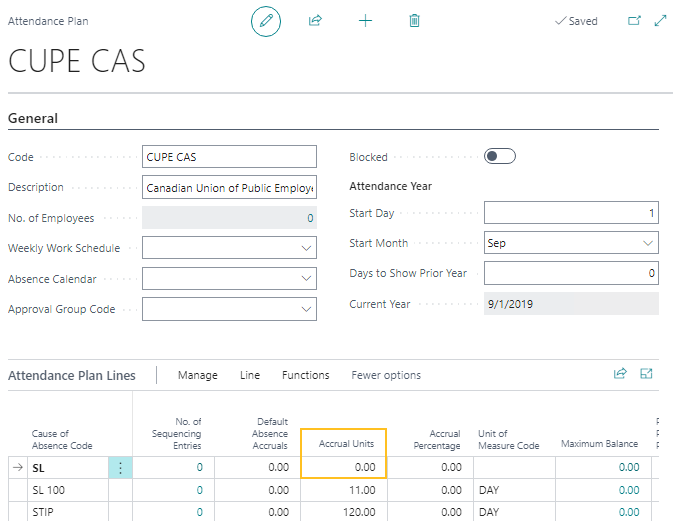 Champ Unit&eacute;s d'accumulation dans la page Plan de pr&eacute;sence