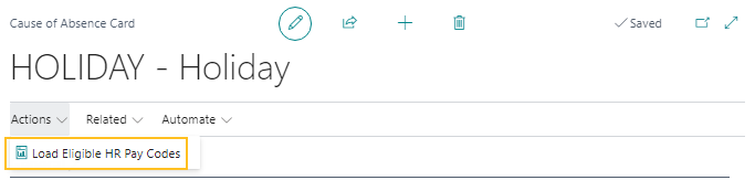 Action Charger les codes de paie RH admissibles dans la page Fiche motif d'absence