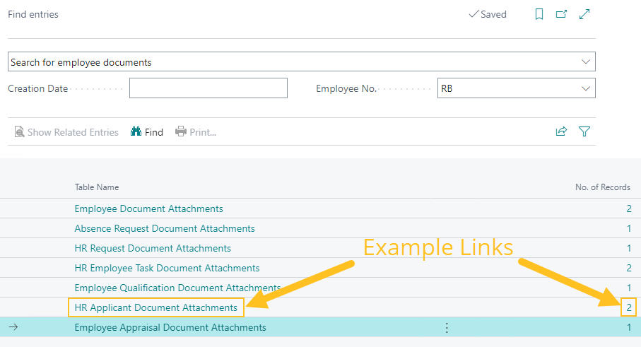 Exemple de liens de la page Rechercher des entr&eacute;es