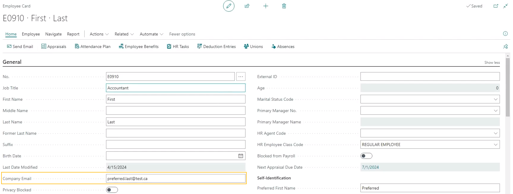 Page Fiche employ&eacute; - champ Courriel professionnel