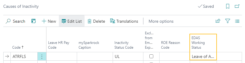 Page Causes d'inactivité - champ Statut de travail EDAS