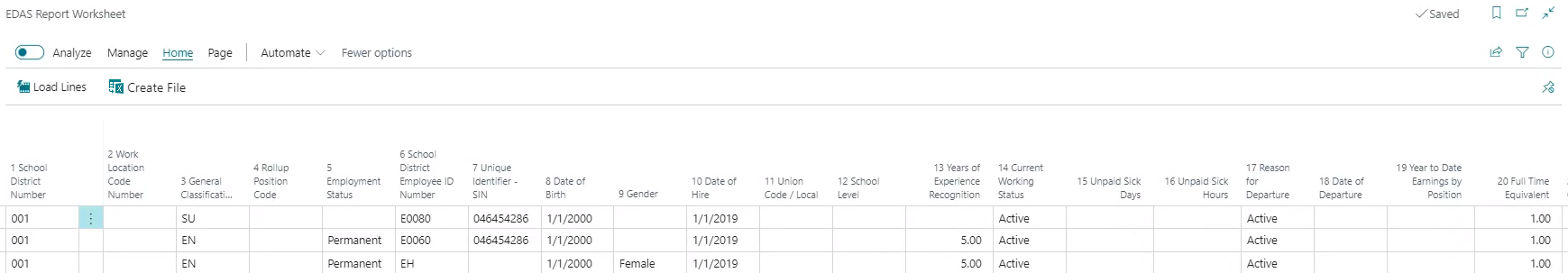 Page Feuille de travail du rapport EDAS
