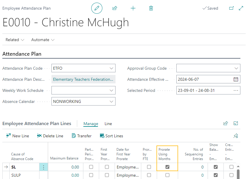 Page Régime de présences des employés - champ Calculer au prorata en utilisant les mois