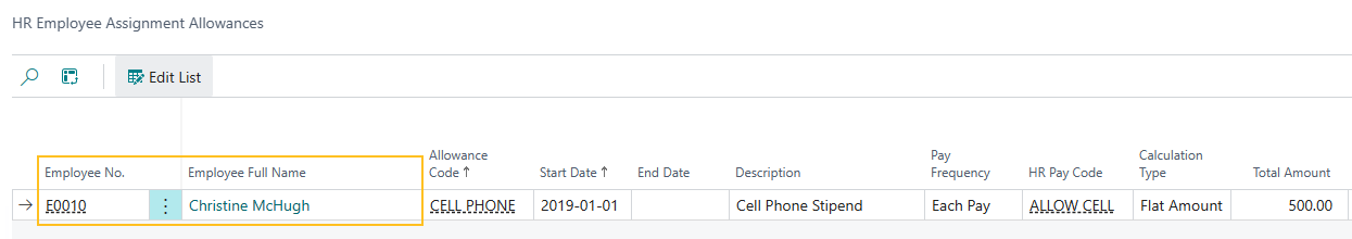 Page Indemnités d'affectation d'employé RH - champs N° d'employé et Nom complet de l'employé
