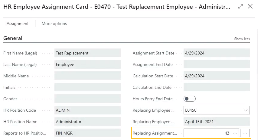 Page Fiche d'affectation d'employé RH - champ N° d'entrée d'affectation de remplacement
