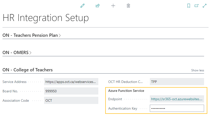 Page Configuration de l'intégration RH - section Service de fonction Azure