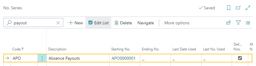 Page Séries de numéros - Paiements d'absence