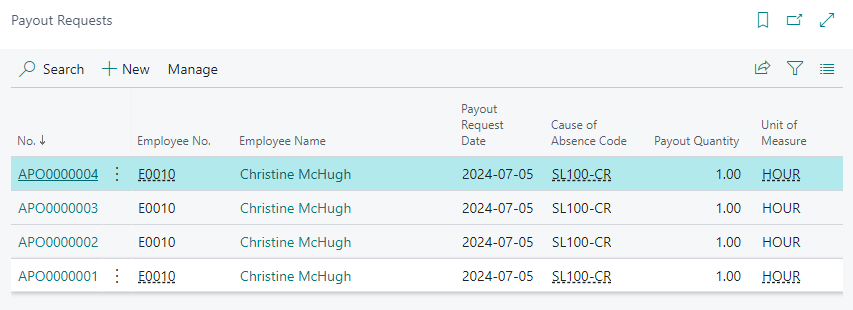 Page de liste des demandes de paiement