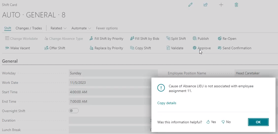 Erreur de l'action Approuver sur la page Fiche de quart
