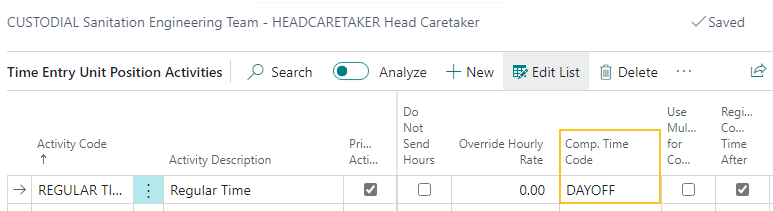 Page Activités de poste d'unité de saisie du temps - champ Code des heures compensatoires