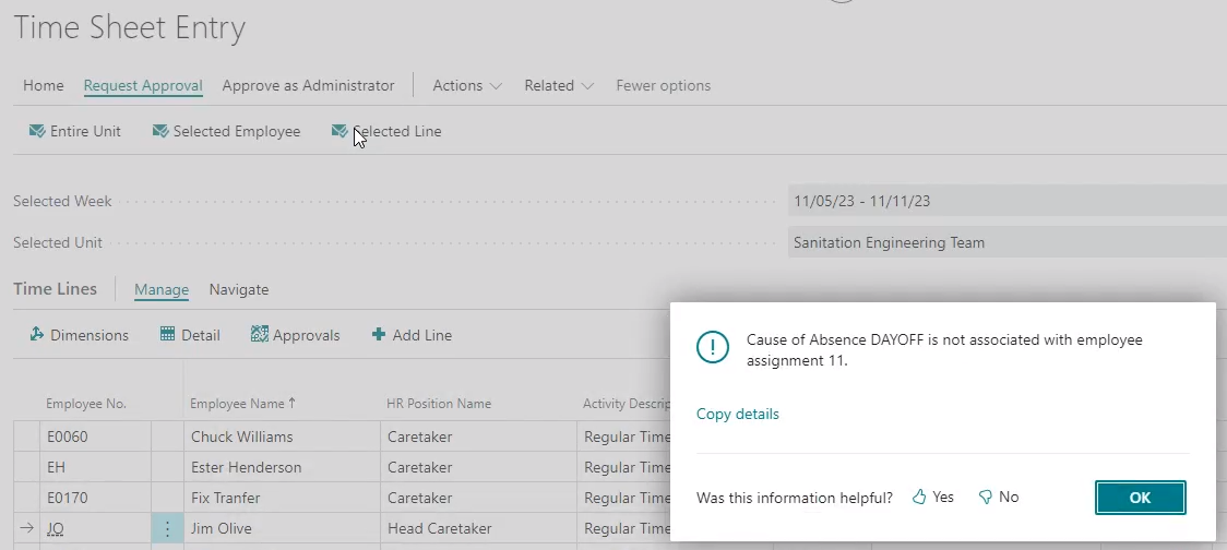 Erreur d'approbation de ligne sélectionnée sur la page Écriture de feuille de temps