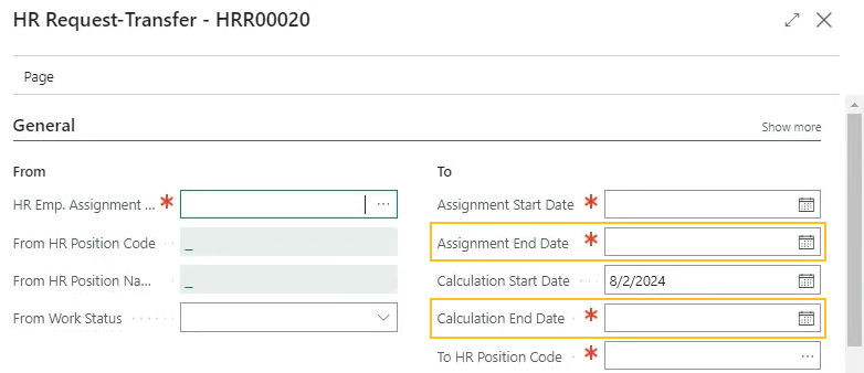 Page Demande RH-Transfert Champs Date de fin d'affectation et Date de fin de calcul
