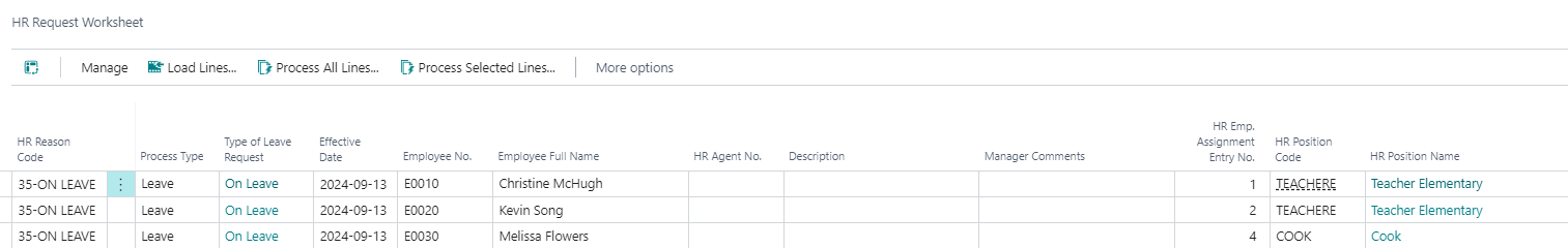 Page Feuille de travail de demande RH Lignes de mise en cong&eacute;