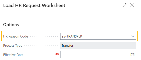 Page Charger la feuille de travail de demande RH Type de processus Transfert