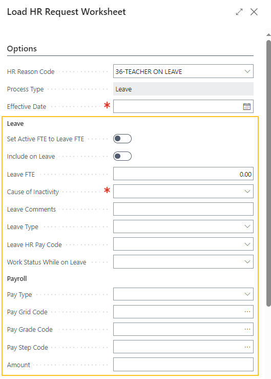 Page Charger la feuille de travail de demande RH Enseignant en cong&eacute; Sections Cong&eacute; et Paye