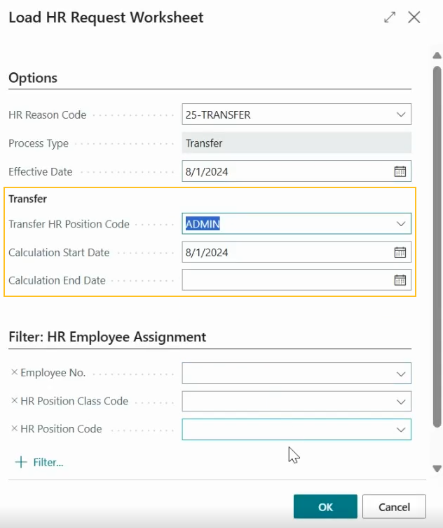 Page Charger la feuille de travail de demande RH Section Transfert
