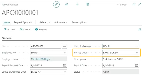 Page Demande de versement Champ Code de paye RH