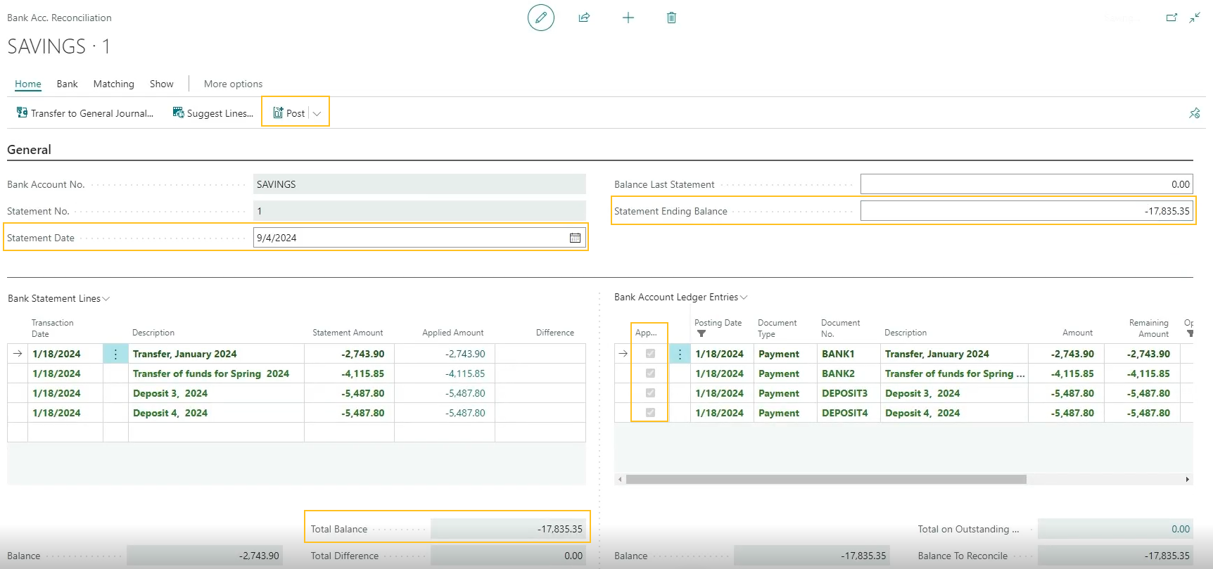 Page Rapprochement bancaire, action Comptabiliser