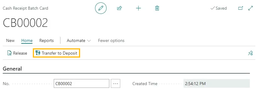 Page Fiche lot des encaissements, action Transférer vers le dépôt
