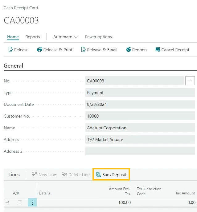 Page Fiche d'encaissement, action Dépôt bancaire