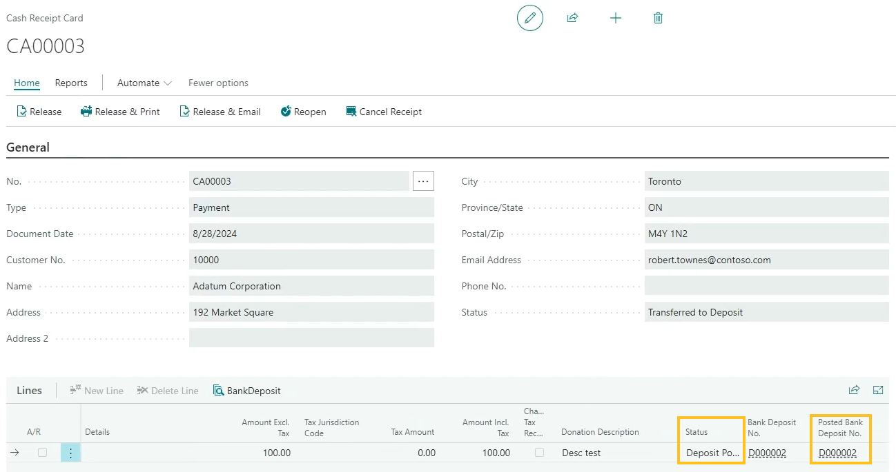 Page Fiche d'encaissement, champs Statut et N° dépôt bancaire comptabilisé