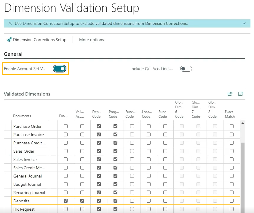 Exemple de page Configuration de la validation des dimensions pour les dépôts