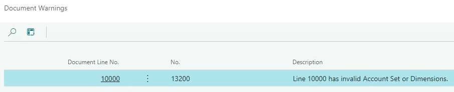Exemple d'erreur d'ensemble de comptes non valide ou de dimension dans la page Avertissements de document