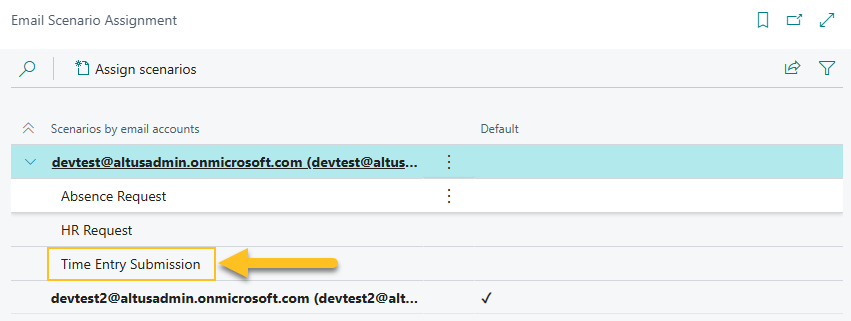 Page Affectation de scénario de messagerie, soumission de saisie de temps