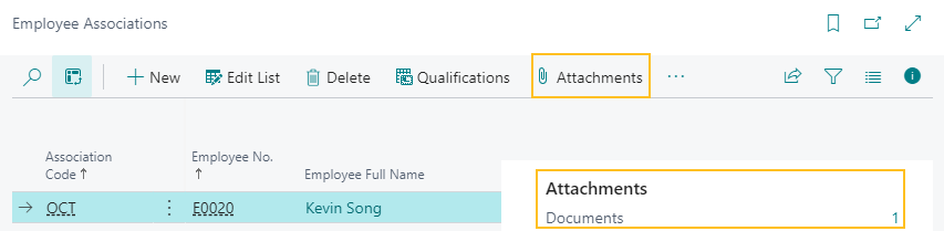 Page Associations d'employés, pièces jointes
