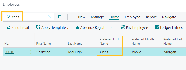 Page Employés, recherche par nom préféré