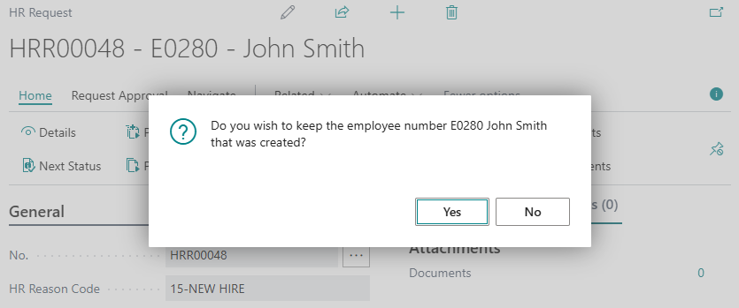 Page Demande RH, invite Conserver le numéro d'employé