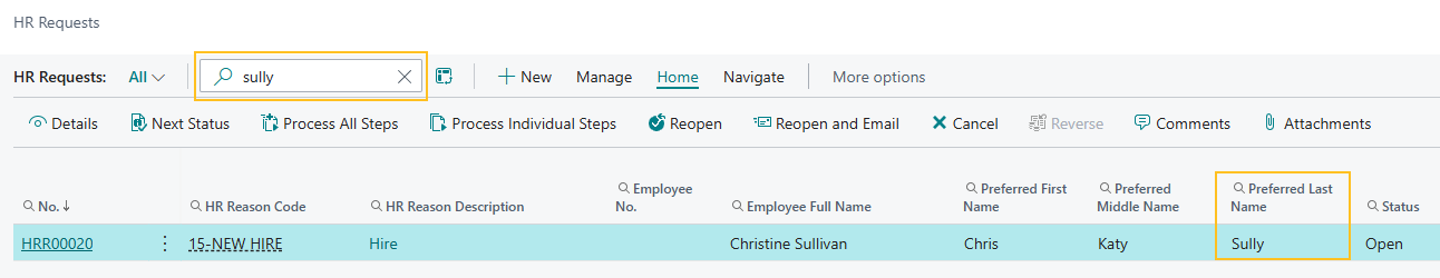 Page Demandes RH, recherche par nom de famille préféré