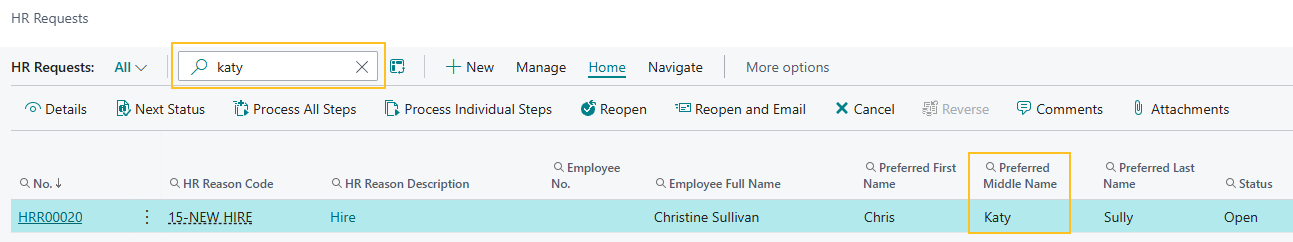 Page Demandes RH, recherche par deuxième prénom préféré
