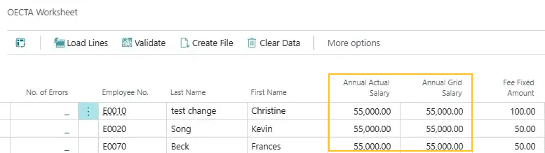 Page Feuille de travail OECTA, champs Salaire annuel réel et Salaire annuel de grille
